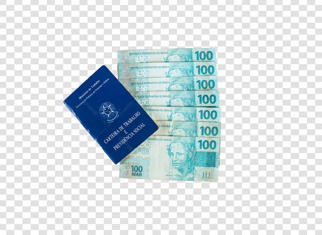 Composição Carteira de Trabalho e Notas de 100 Reais Salário Azul Verde PNG com fundo transparente