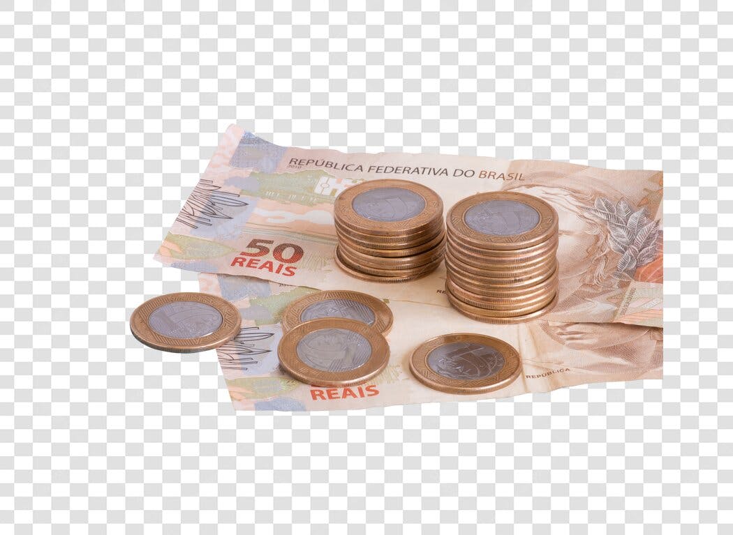 Elemento Gráfico Dinheiro Brasileiro 50 Reais e Moedas PNG com fundo transparente