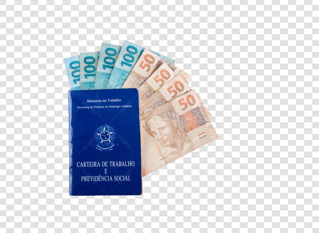 Elemento gráfico Carteira de Trabalho e notas de Real para direitos trabalhistas PNG com fundo transparente