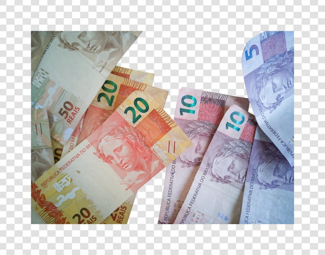 Ilustração de notas de Reais Brasileiros 5 10 20 50 PNG com fundo transparente