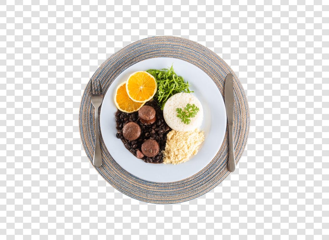 Prato de Feijoada completa imagem para restaurante com arroz farofa couve laranja PNG fundo transparente