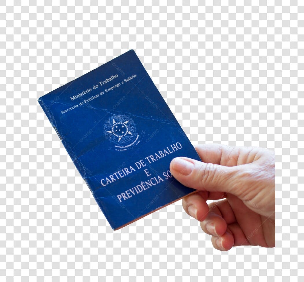 Mão adulta segurando Carteira de Trabalho e Previdência Social azul Brasil PNG com fundo transparente