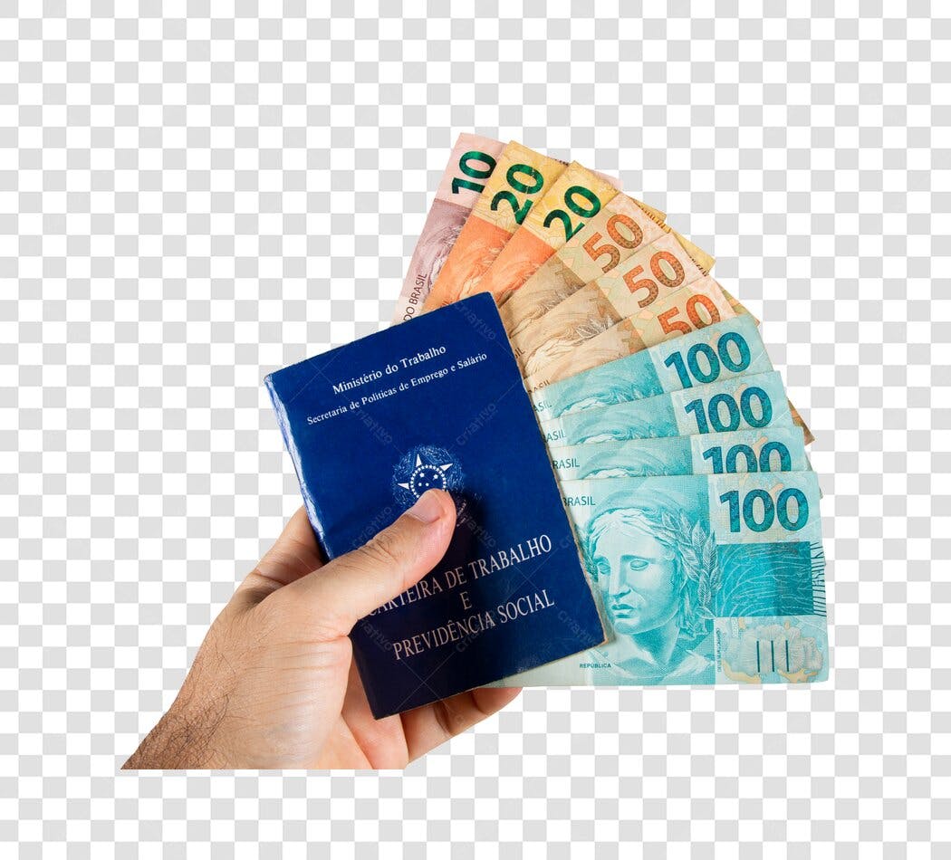 Foto Mão com Carteira de Trabalho e Reais Salário Brasil PNG com fundo transparente