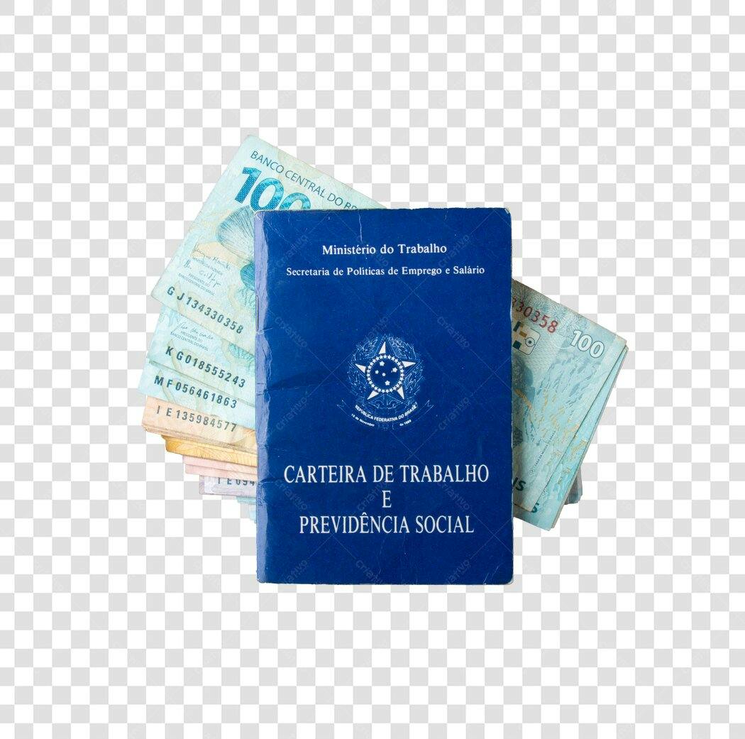 Recurso gráfico Carteira de Trabalho azul e notas de 100 Reais PNG com fundo transparente