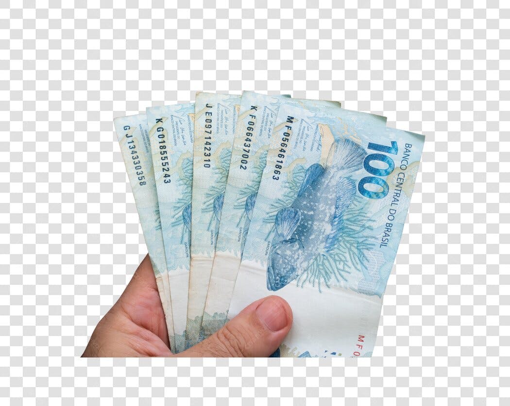 Dinheiro Mão segurando notas de 100 Reais para marketing financeiro PNG com fundo transparente