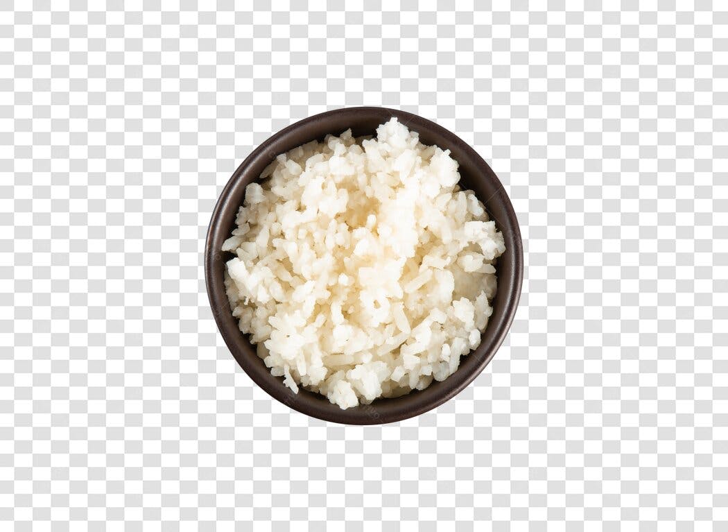 Alimento Arroz branco cozido em tigela escura PNG com fundo transparente