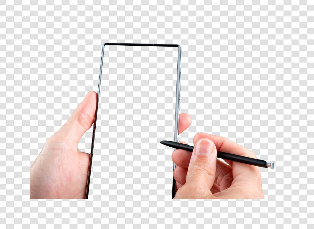 Modelo de Smartphone com Mãos e Caneta Stylus PNG com fundo transparente
