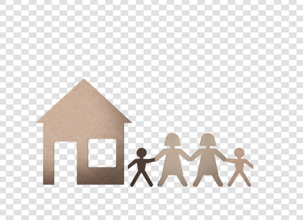 Ilustração Família feliz e casa unida em papel kraft PNG com fundo transparente