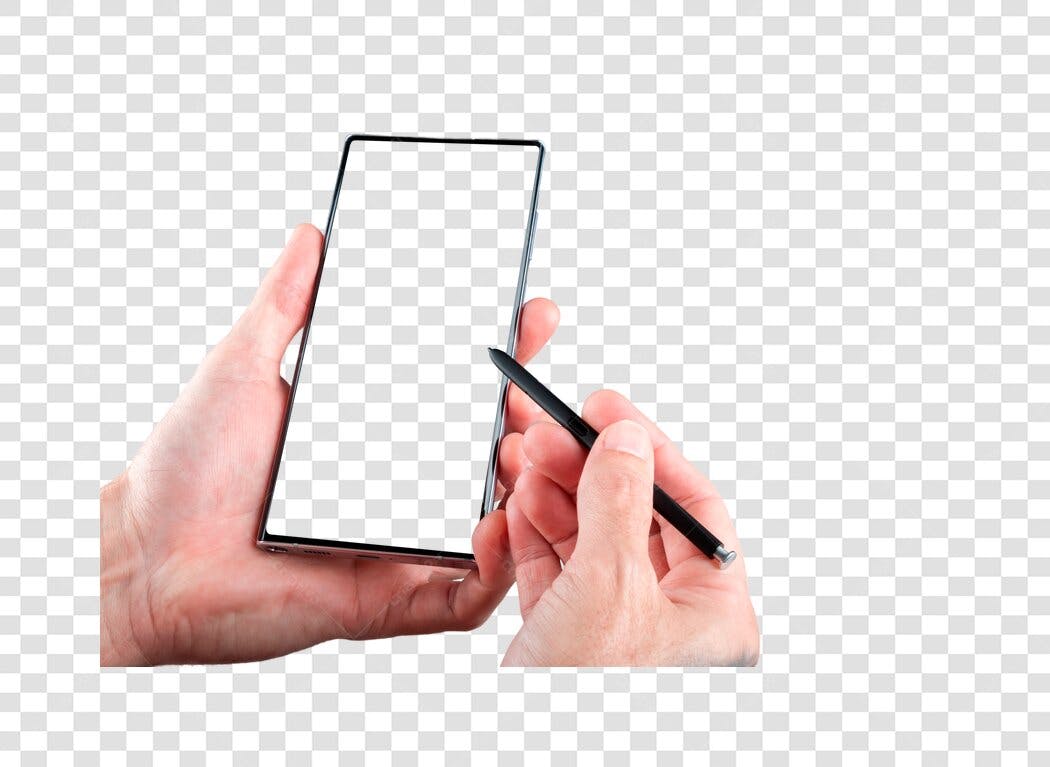 Mockup de Smartphone com Mãos e Stylus PNG com fundo transparente