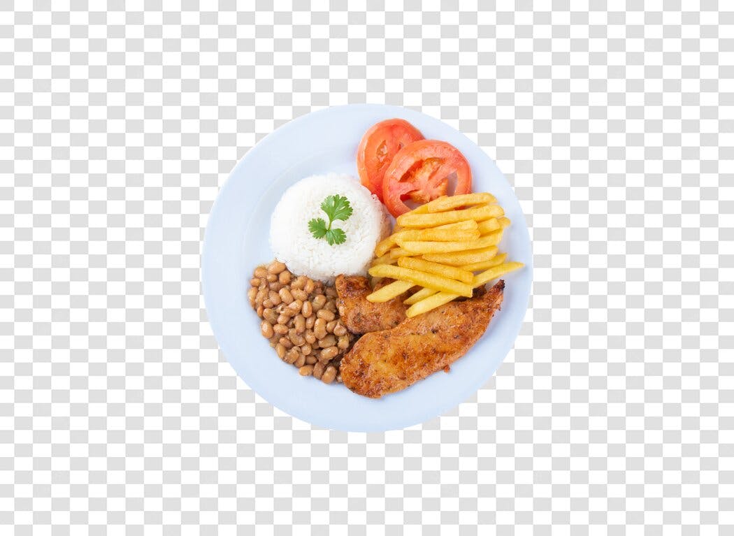 Foto de Refeição Prato Feito com Frango Feijão Arroz Batata Frita Tomate PNG com fundo transparente