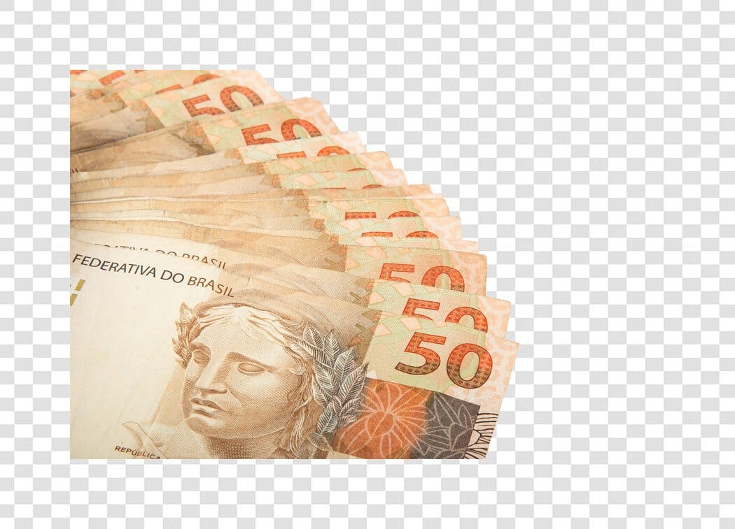 Dinheiro Notas de 50 Reais Brasileiros em Leque PNG com fundo transparente