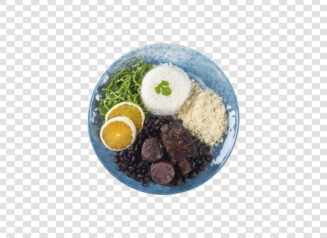 Prato de Feijoada Completa com Arroz Couve Laranja Farofa PNG com fundo transparente