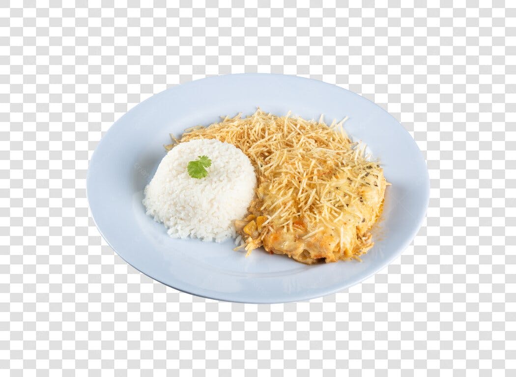 Prato para Cardápio Frango Cremoso Arroz Batata Palha PNG com fundo transparente