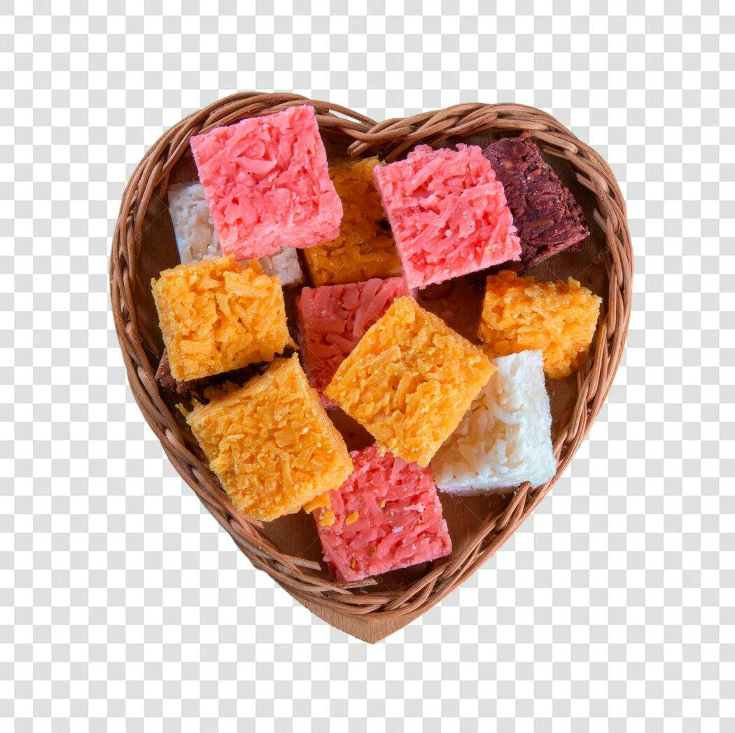 Doces de Coco Coloridos em Cesta de Coração PNG com fundo transparente