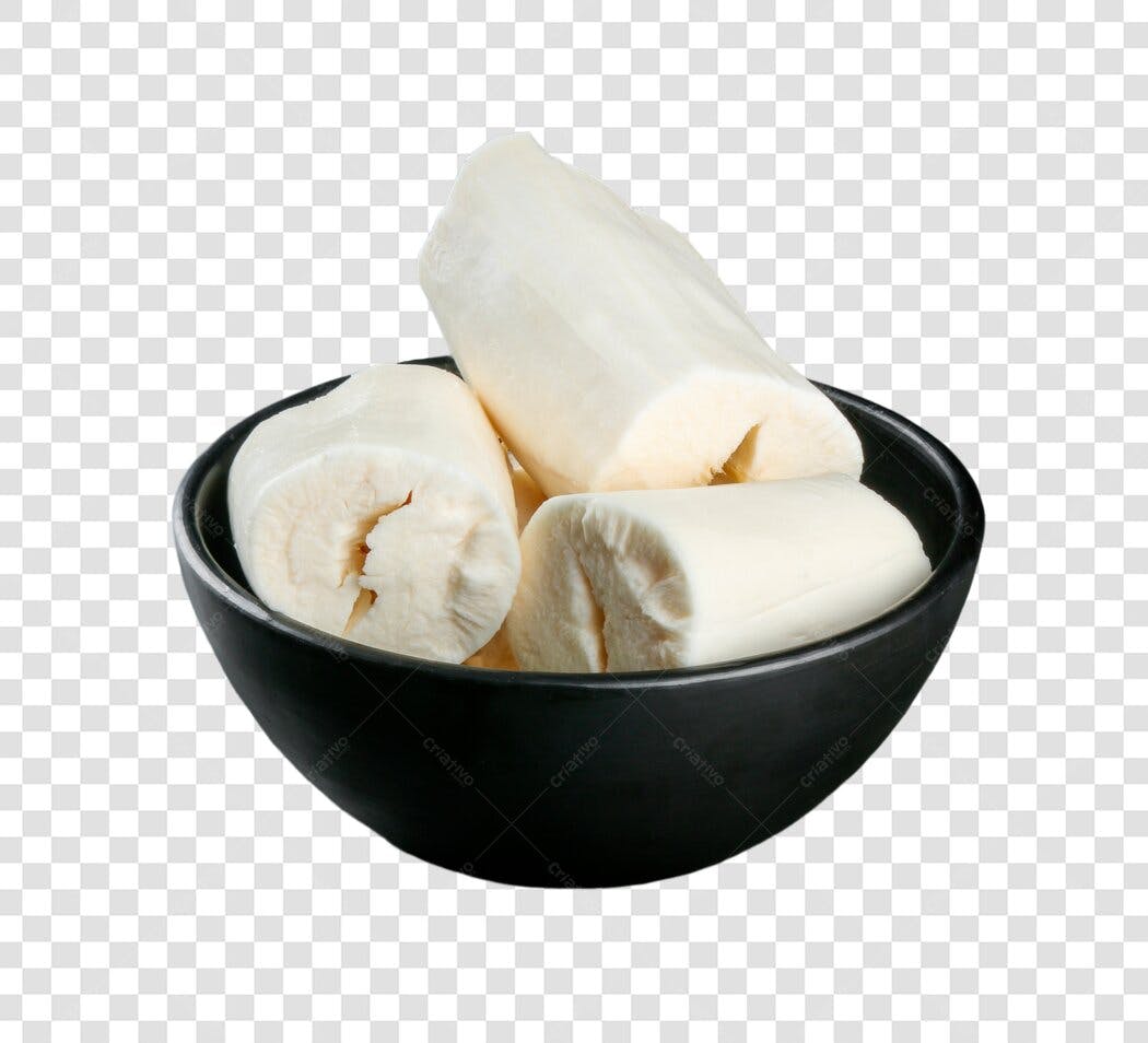Elemento gráfico mandioca descascada em tigela preta PNG com fundo transparente
