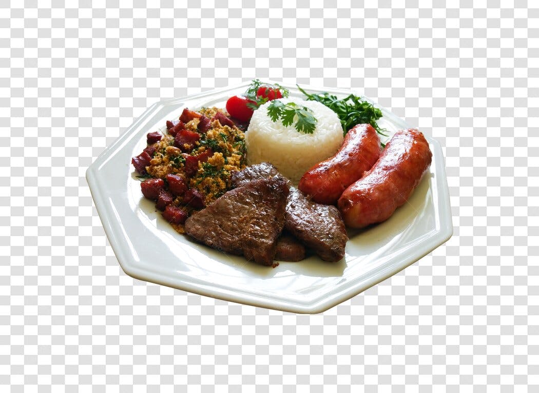 Imagem para Cardápio Prato Feito Brasileiro Bife Linguiça Arroz Farofa PNG com fundo transparente