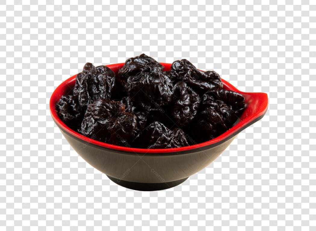 Imagem de Ameixas Secas em Tigela Vermelha e Preta PNG com fundo transparente