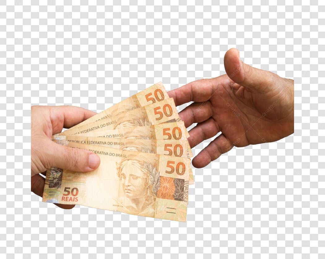 Elemento Gráfico Mãos Trocando Dinheiro Notas de 50 Reais PNG com fundo transparente