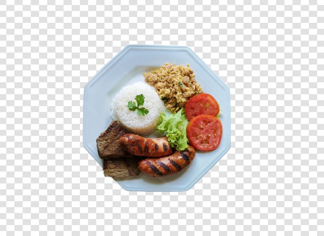Prato de Comida Brasileira Completa Almoço Arroz Bife Linguiça Tomate Salada PNG fundo transparente
