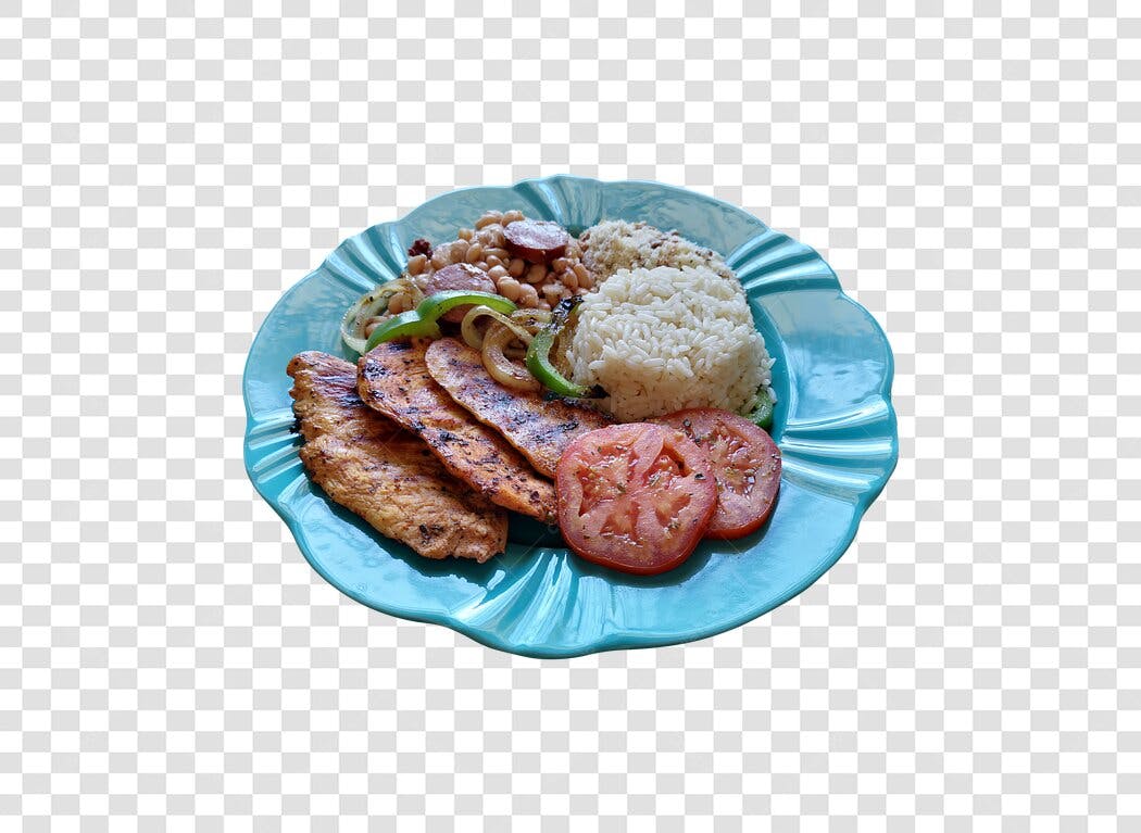 Prato de Comida Refeição Completa Frango Grelhado Arroz Feijão Tomate PNG com fundo transparente