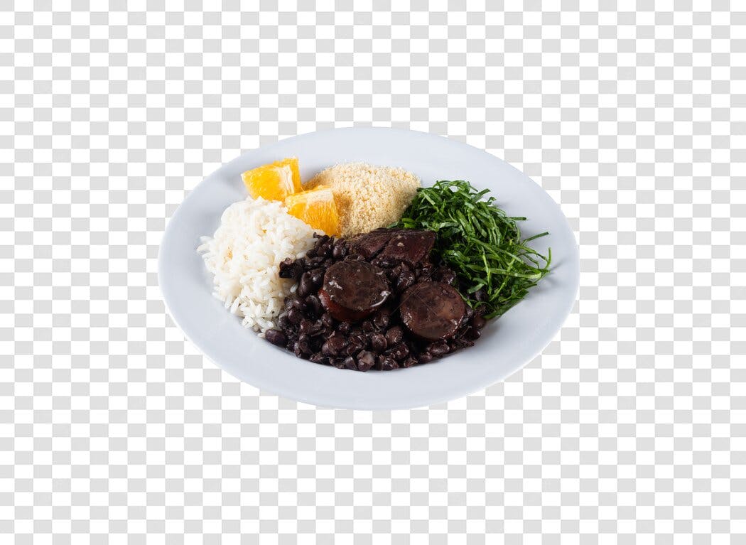 Prato de Feijoada Completa com Arroz Couve Farofa e Laranja PNG com fundo transparente