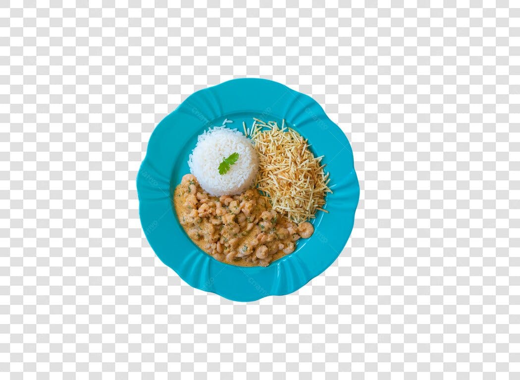 Foto para cardápio Camarão cremoso com arroz e batata palha PNG com fundo transparente