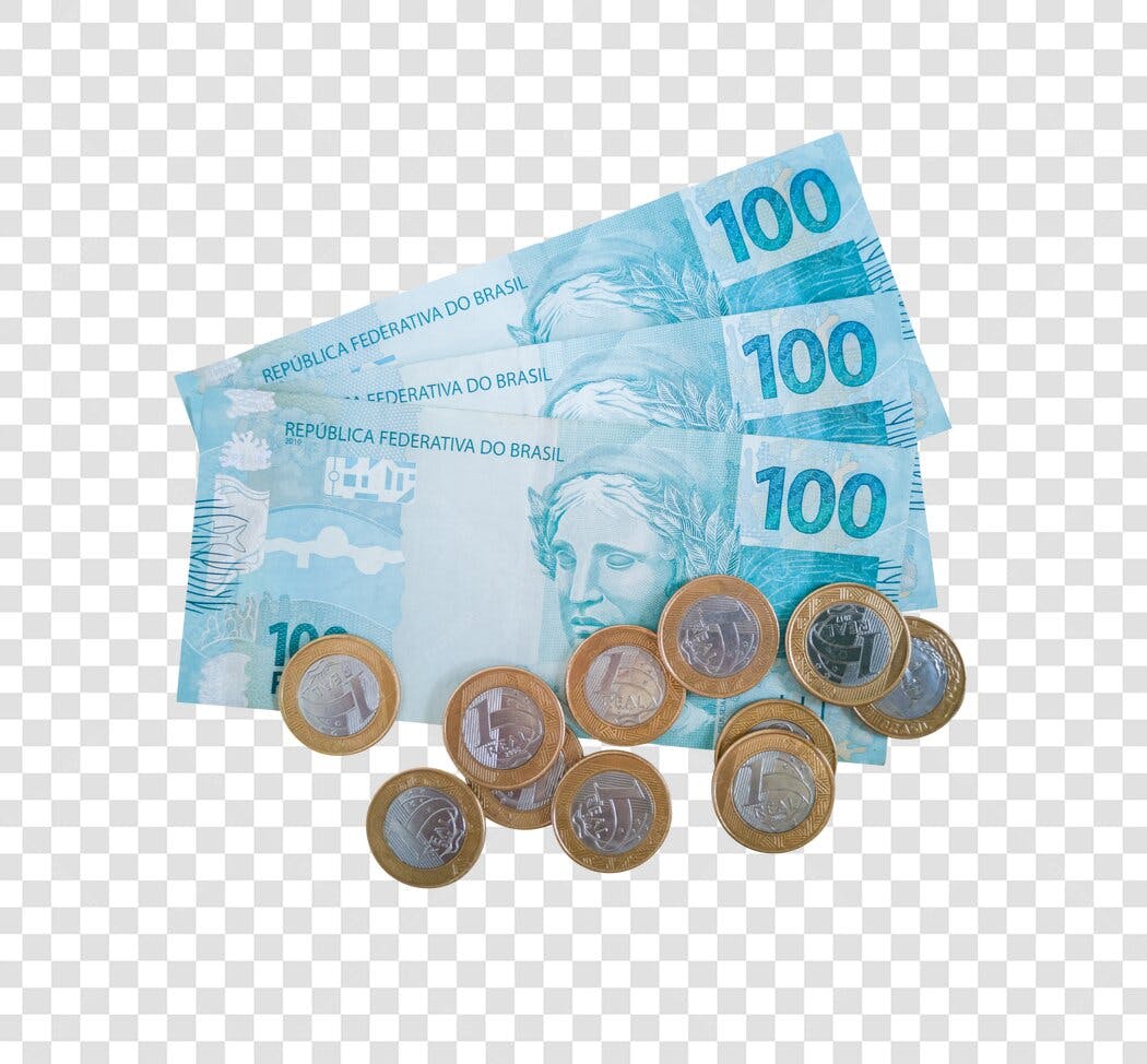 Imagem de dinheiro brasileiro notas de cem e moedas de um real PNG com fundo transparente