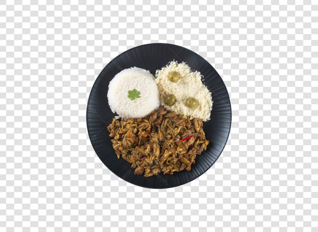 Prato de Carne Seca Desfiada com Arroz Farofa e Azeitonas PNG com fundo transparente