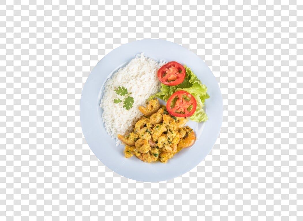 Prato de Comida Camarão Cremoso Arroz Salada PNG com fundo transparente