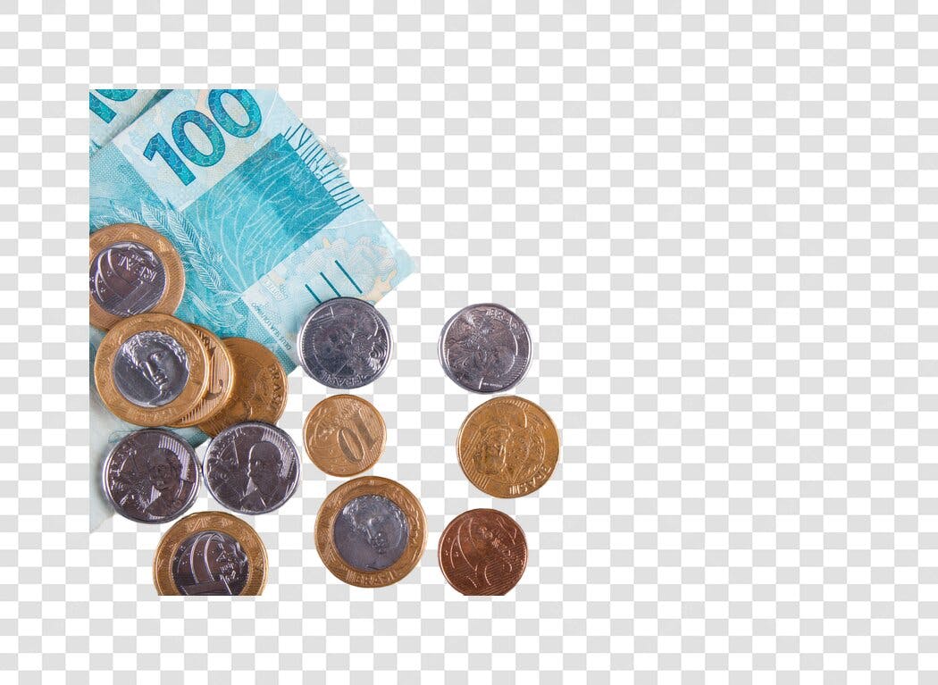 Ícone Financeiro Cédula 100 Reais e Moedas Brasileiras Azul Dourado PNG com fundo transparente