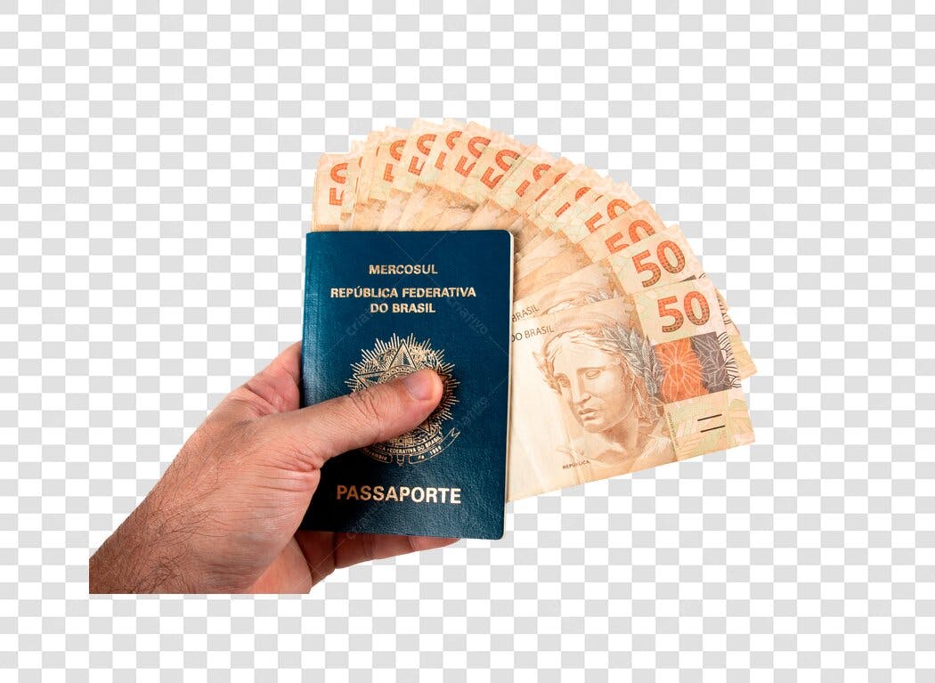 Imagem para Viagem Brasil Dinheiro Passaporte Mão com Notas 50 Reais PNG com fundo transparente