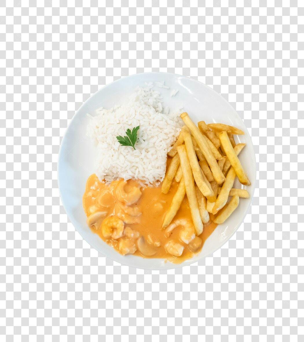 Prato de Refeição Strogonoff de Camarão Arroz e Batata Frita PNG com fundo transparente