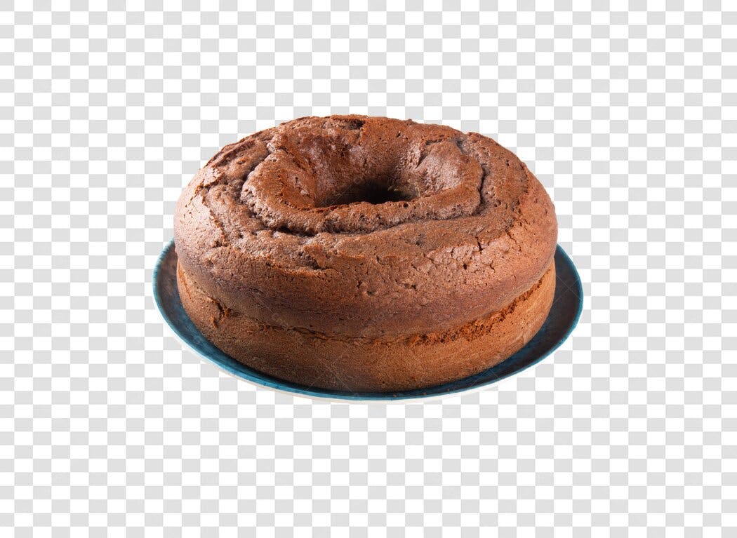 Imagem de Bolo de chocolate com furo em prato azul PNG com fundo transparente