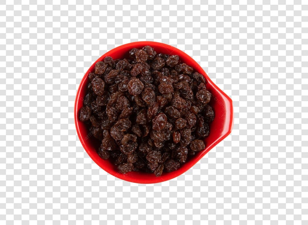 Elemento gráfico passas marrons em tigela vermelha PNG com fundo transparente