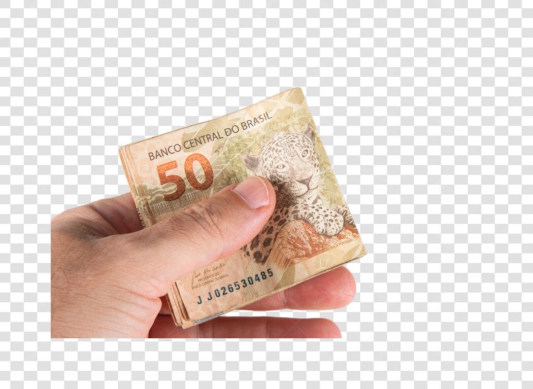 Recurso gráfico Mão segurando dinheiro 50 Reais Brasileiros PNG com fundo transparente