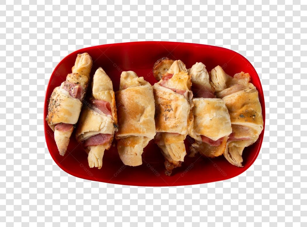 Imagem de Enroladinhos de Presunto em Prato Vermelho Lanche PNG com fundo transparente