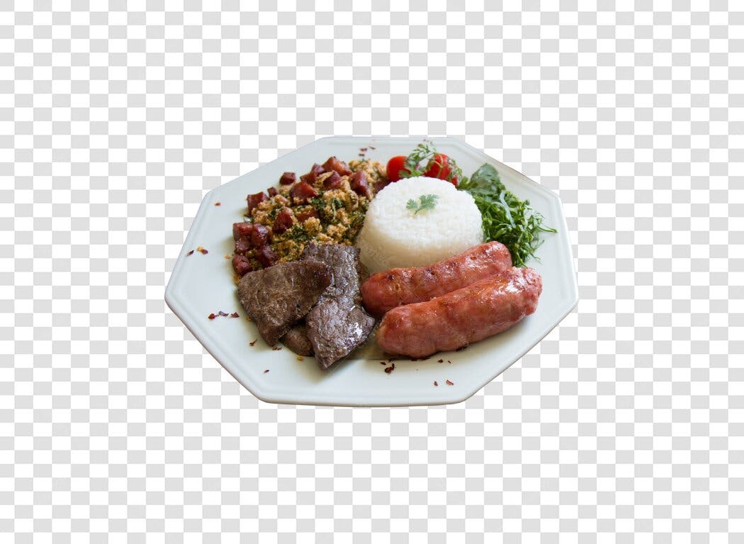 Prato de Almoço Completo Carne Linguiça Arroz Farofa PNG com fundo transparente