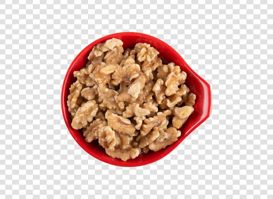 Imagem de Nozes em tigela vermelha para receitas PNG com fundo transparente