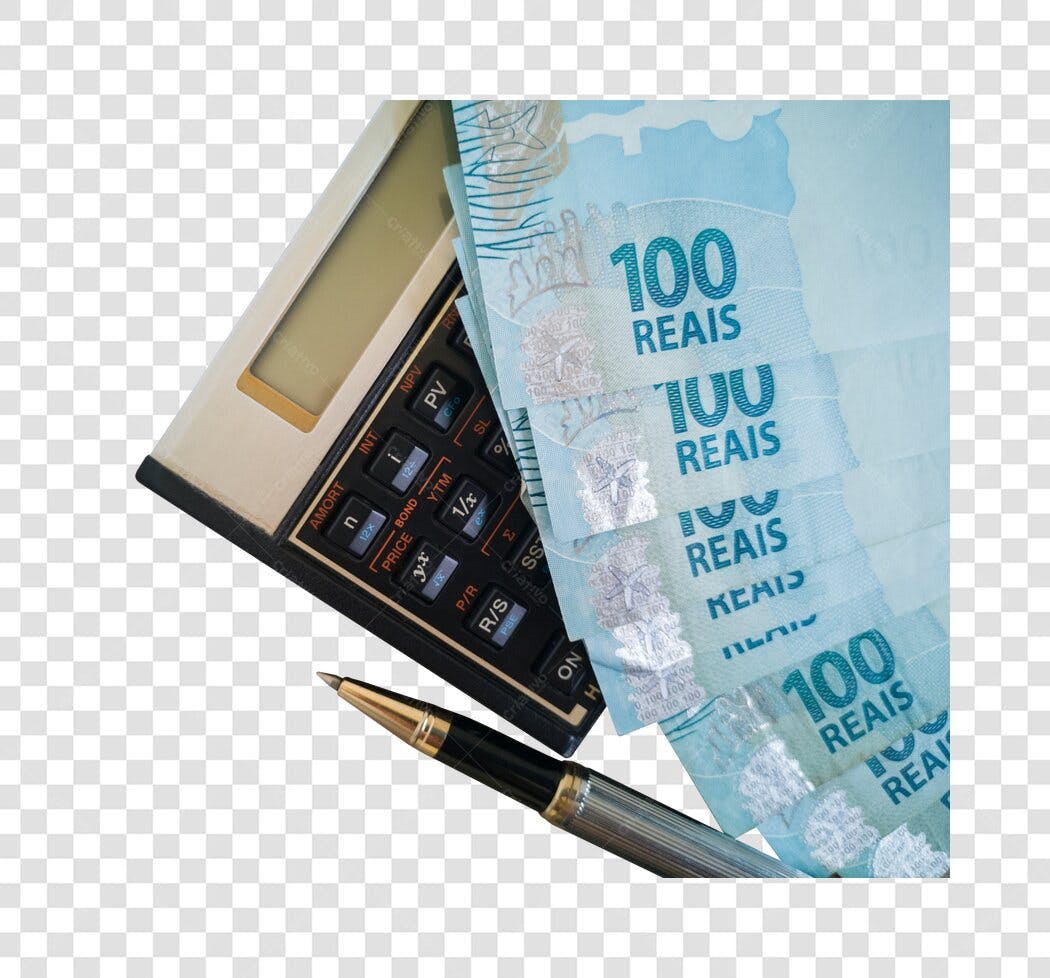 Imagem Calculadora Financeira Notas 100 Reais Caneta PNG com fundo transparente