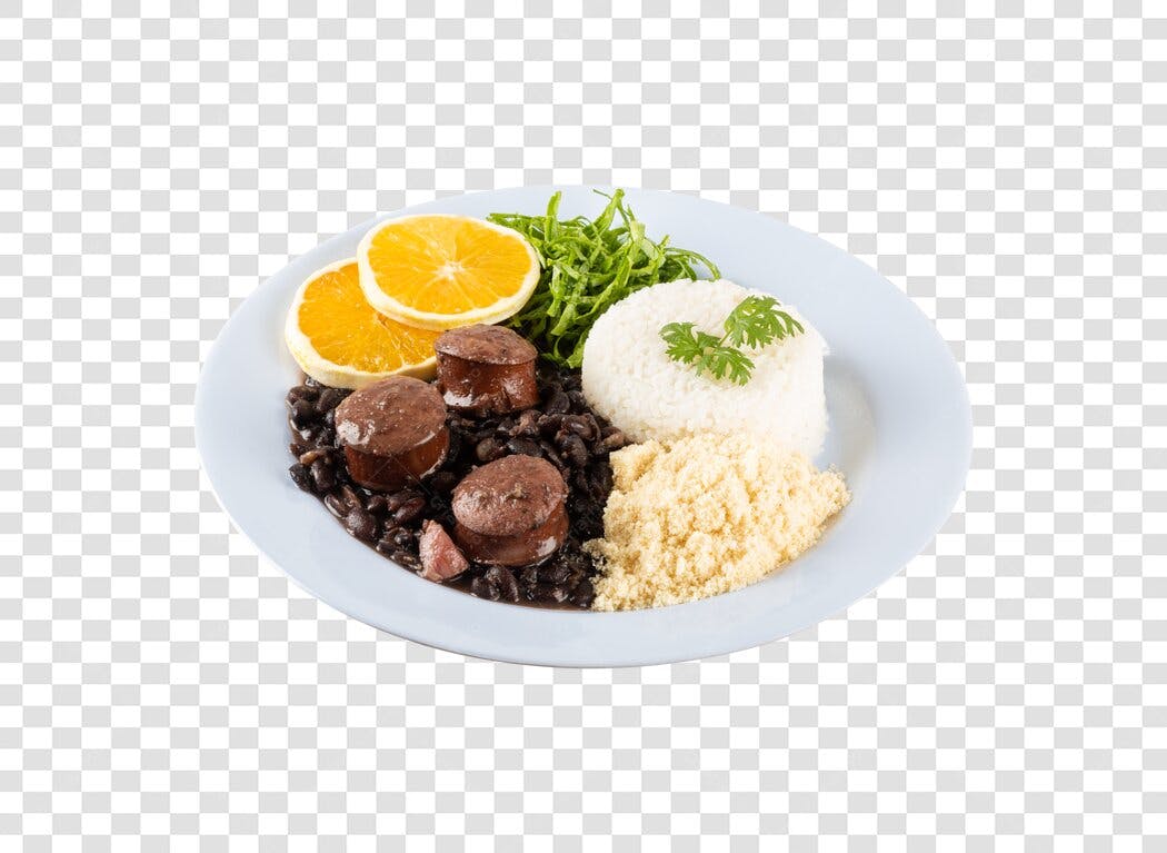 Feijoada Brasileira Completa Prato Típico com Arroz Farofa Linguiça Couve Laranja PNG transparente