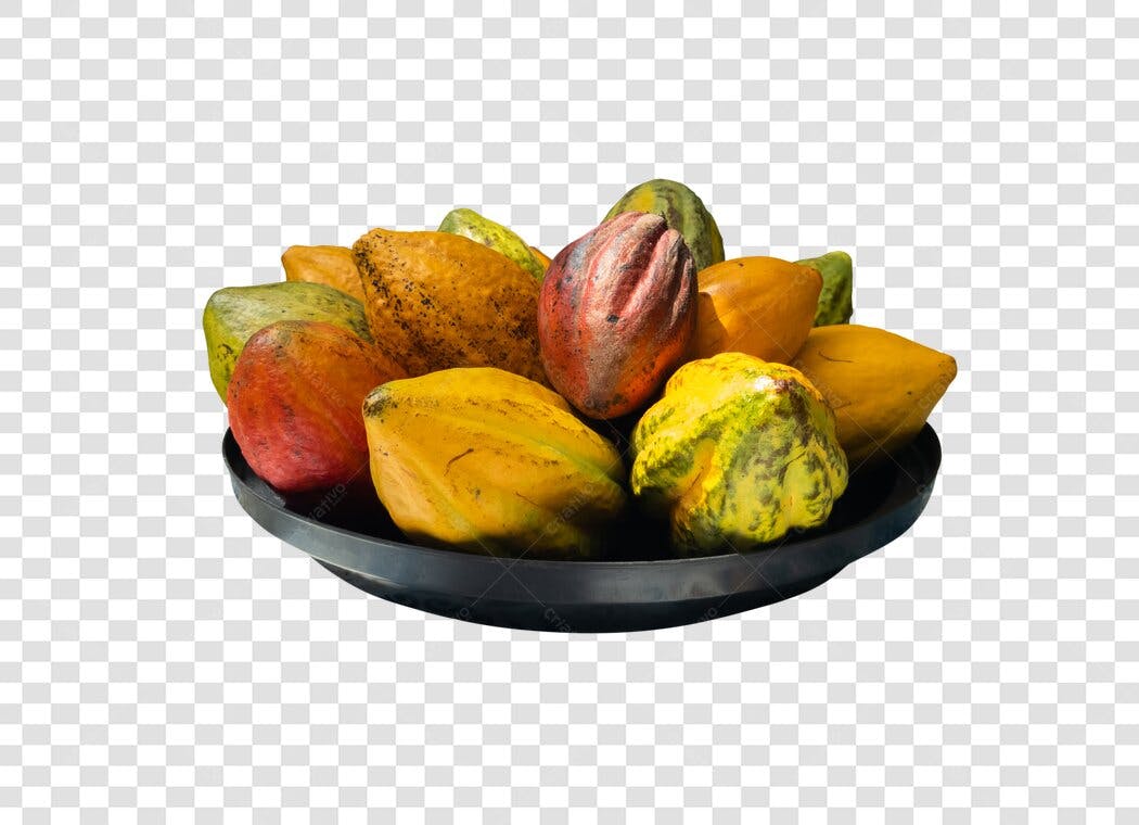 Cacau Frutas Vagem Amarela Vermelha Verde Tigela PNG com fundo transparente