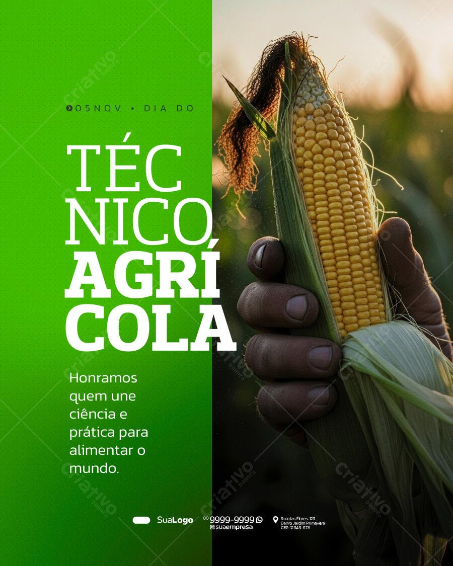 Flyer Dia do Técnico Agrícola com Milho na Mão PSD Editável