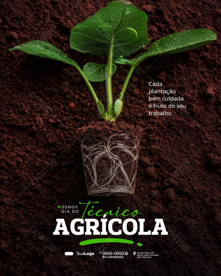 Flyer Dia do Técnico Agrícola com Muda e Raízes Psd Editável