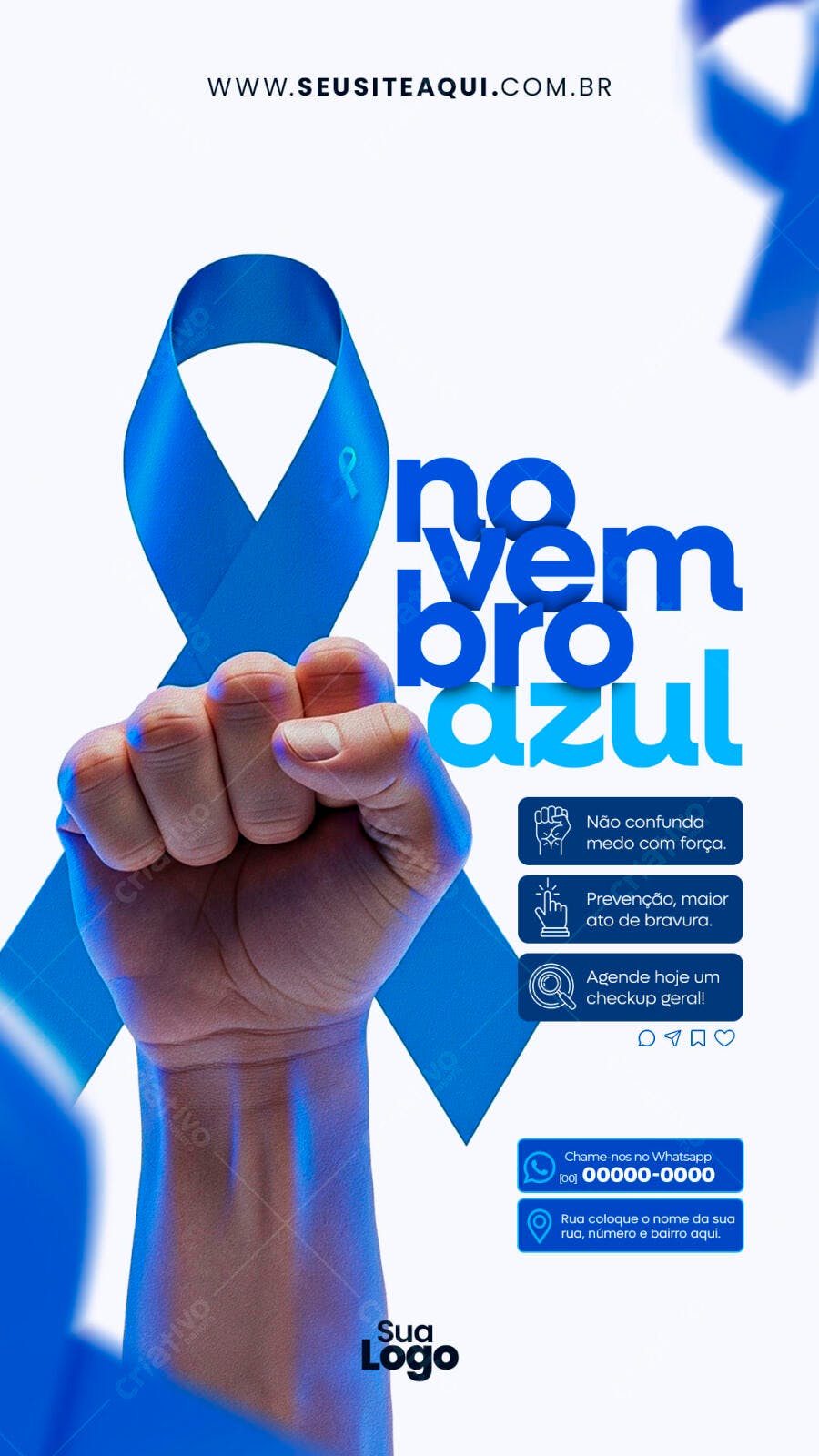 Flyer Campanha Novembro Azul com Mão e Fita Azul Psd Editável