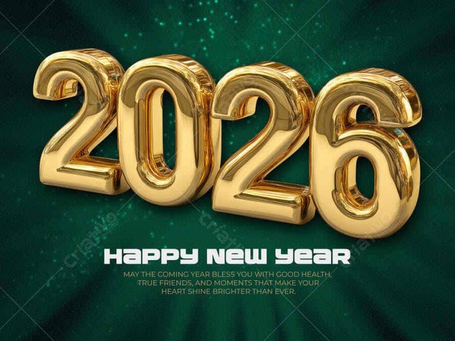 Flyer Feliz Ano Novo 2026 Dourado Metálico Verde Esmeralda PSD Editável