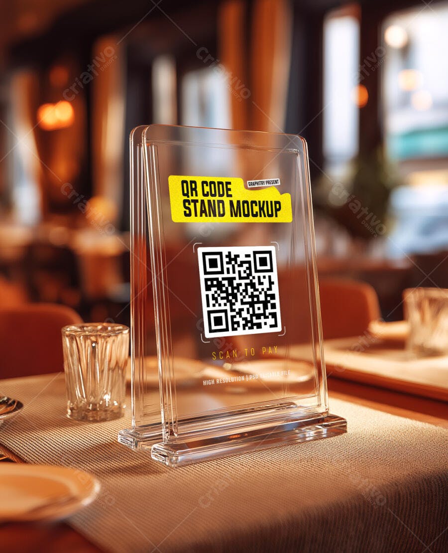 Mockup Realista de Suporte Acrílico para QR Code em Mesa de Restaurante Elegante