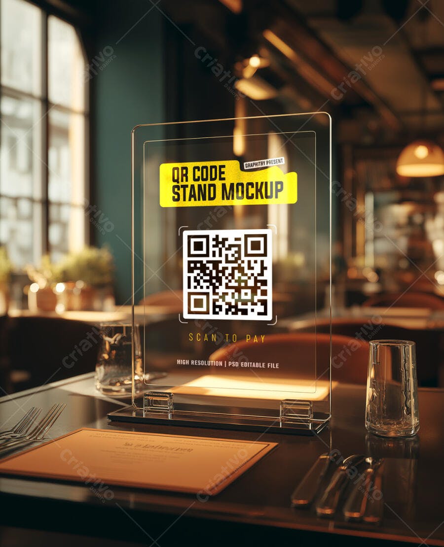 Mockup de Stand de QR Code Acrílico para Restaurante Moderno com Menu Amarelo