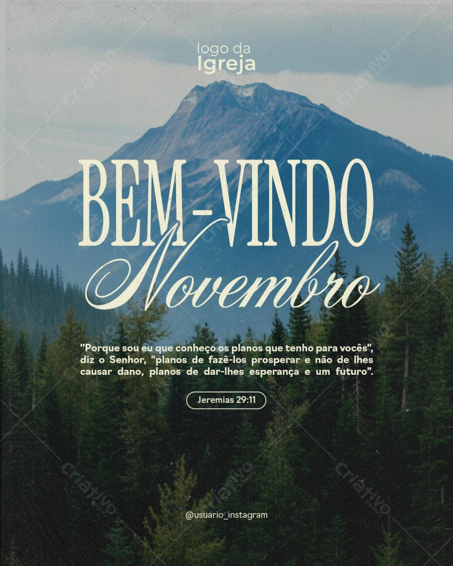 Post Igreja Bem-Vindo Novembro Jeremias 29:11 PSD Editável