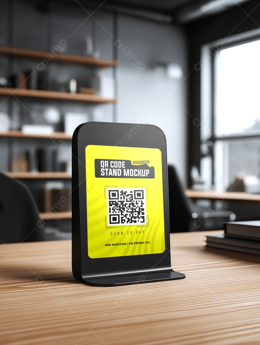 Mockup Realista de Display QR Code para Pagamento em Mesa de Escritório Moderno Amarelo e Preto