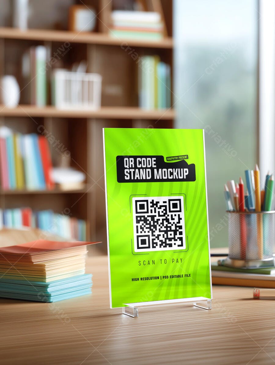 Mockup Realista de Stand para QR Code Moderno em Escritório com Livros Verdes